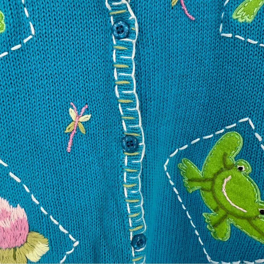 Casual living vintage cotton Cardigan w/ Frog /embroidered Lily pad Flower XL - Picture 5 of 15